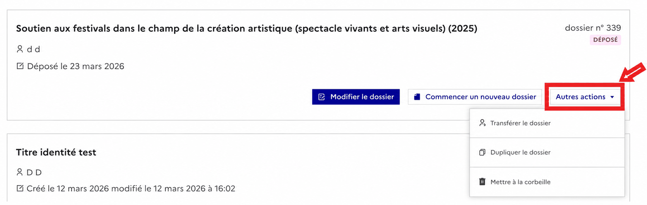 Image illustration le bouton Autres actions avec le menu de transfert de dossier